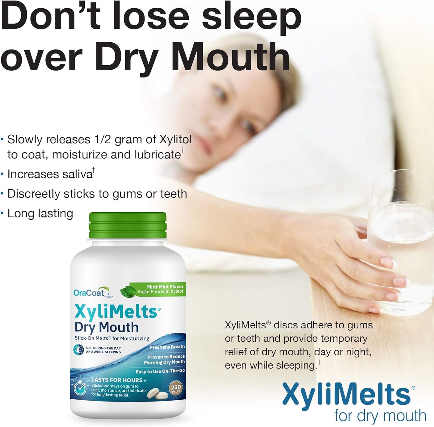 Xylimelts for Dry Mouth Night Time or Day - Moisturizing Dry Mouth Adhering Discs, Sugar Free with Xylitol, 230 Count, Mint Flavor, 8-Hour Relief