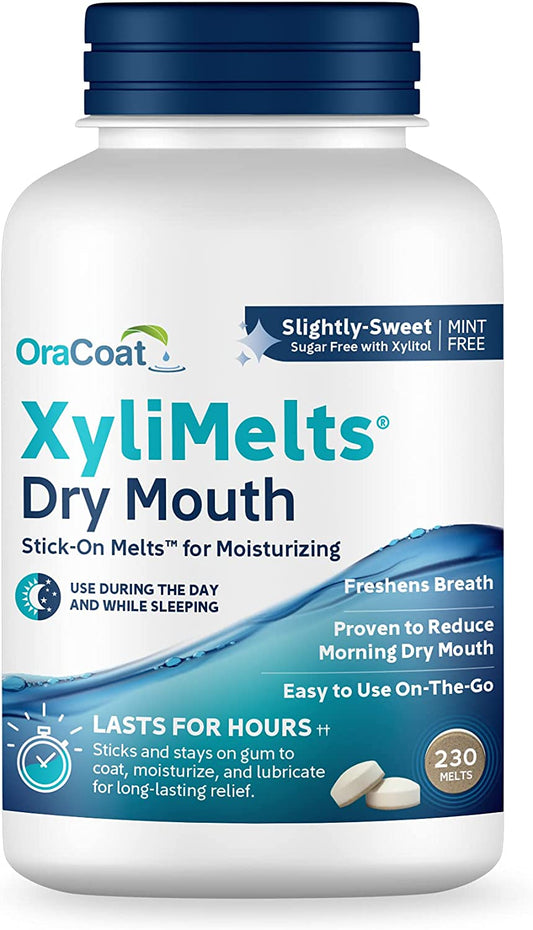 Xylimelts Dry Mouth Relief Oral Adhering Discs Slightly Sweet with Xylitol, for Dry Mouth, Stimulates Saliva, Non-Acidic, Day and Night Use, Time Release for up to 8 Hours, 230 Count