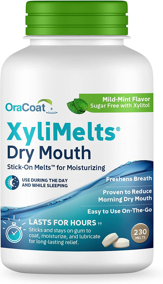 Xylimelts for Dry Mouth Night Time or Day - Moisturizing Dry Mouth Adhering Discs, Sugar Free with Xylitol, 230 Count, Mint Flavor, 8-Hour Relief