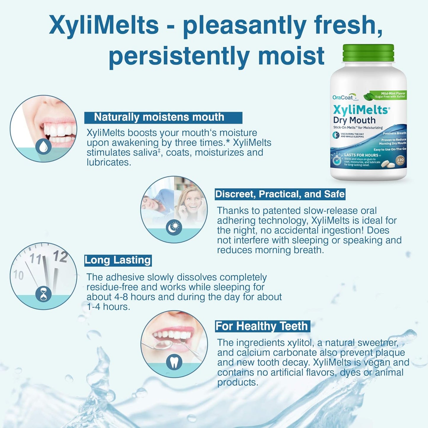 Xylimelts for Dry Mouth Night Time or Day - Moisturizing Dry Mouth Adhering Discs, Sugar Free with Xylitol, 230 Count, Mint Flavor, 8-Hour Relief