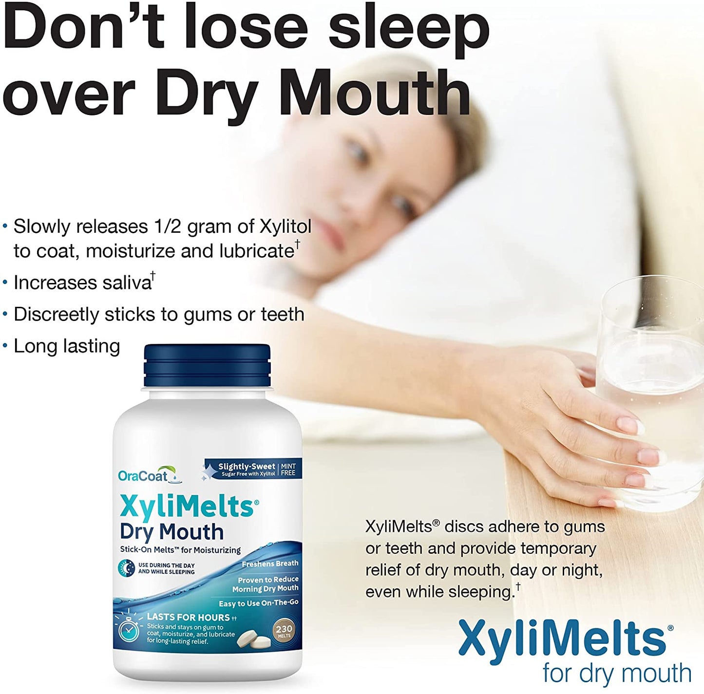 Xylimelts Dry Mouth Relief Oral Adhering Discs Slightly Sweet with Xylitol, for Dry Mouth, Stimulates Saliva, Non-Acidic, Day and Night Use, Time Release for up to 8 Hours, 230 Count
